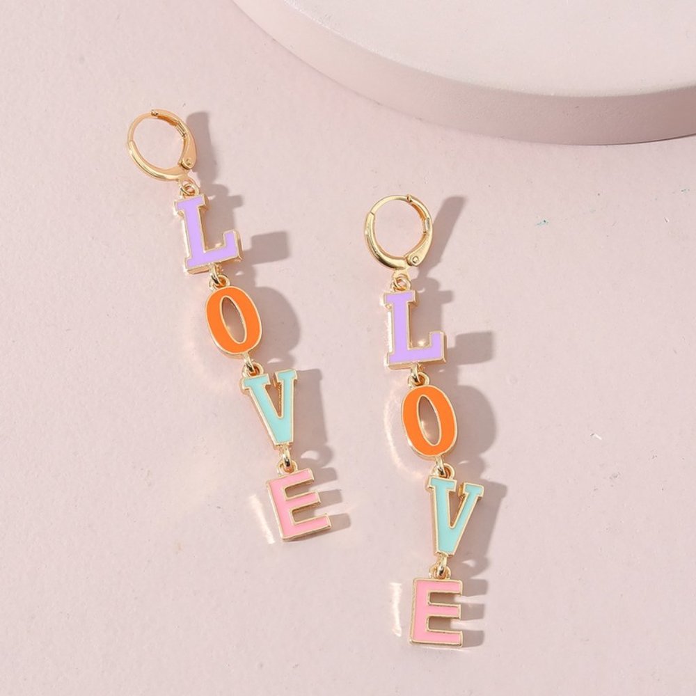 Adorable Modern Gold and Pastel Enamel LOVE Dangle Earrings